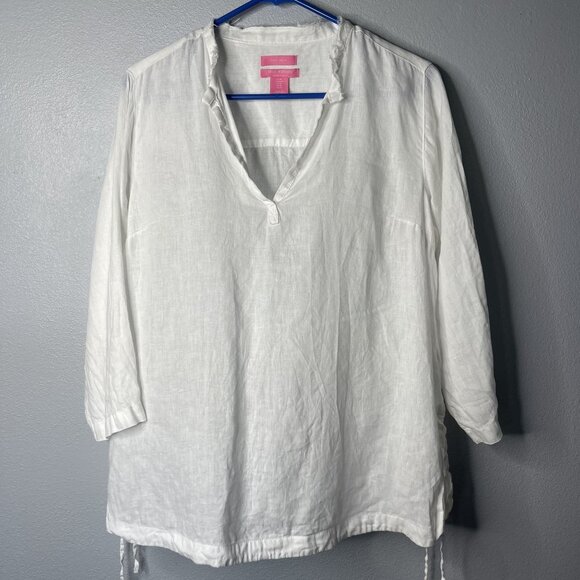 Isaac Mizrahi Women White 100% Linen 3/4 Sleeve Tunic Top Blouse Side Ties SZ M - Picture 1 of 6
